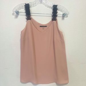 TTAHARI  Light Cream Chiffon Cami Top Blouse Lace-trim Straps Lined